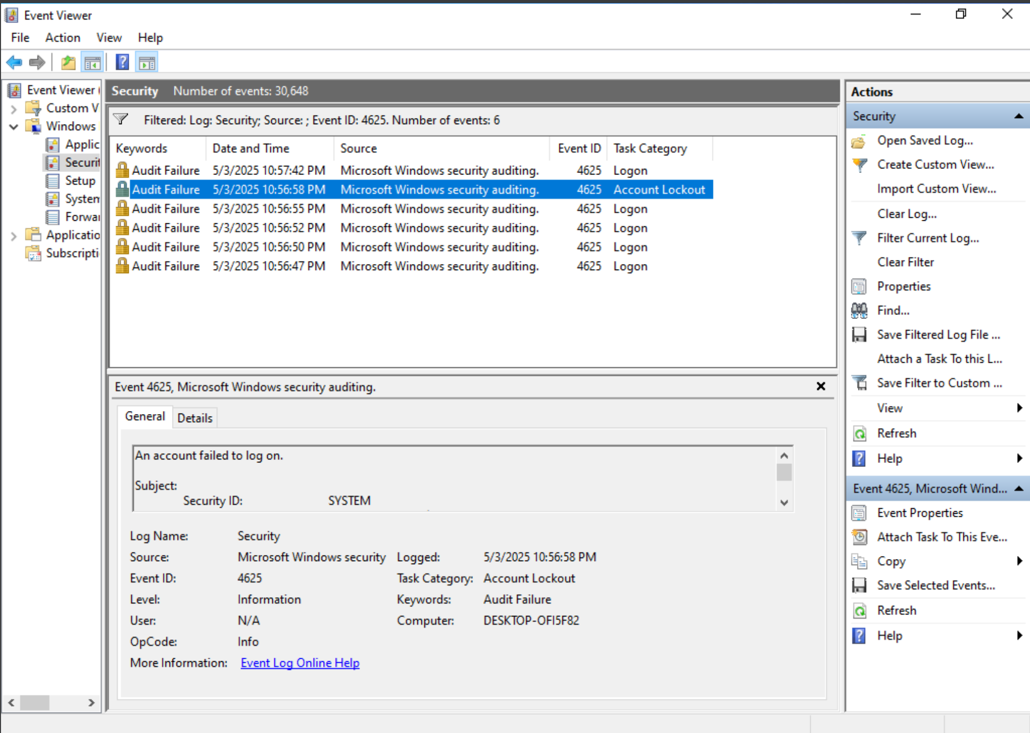 Windows Event Viewer - Failed Logins